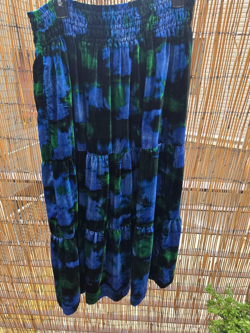 Tiered Velvet Maxi Skirt in Blue and Green Anthropologie Flowy w Pockets Large